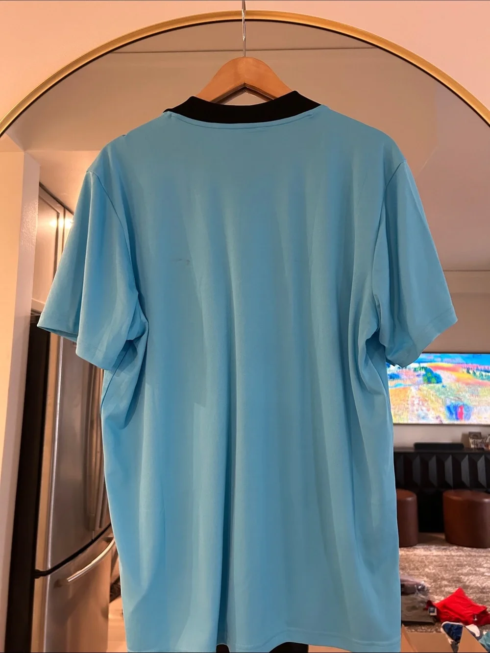 adidas Men’s Aqua Blue Short-Sleeve V-Neck Shirt with Black Trim